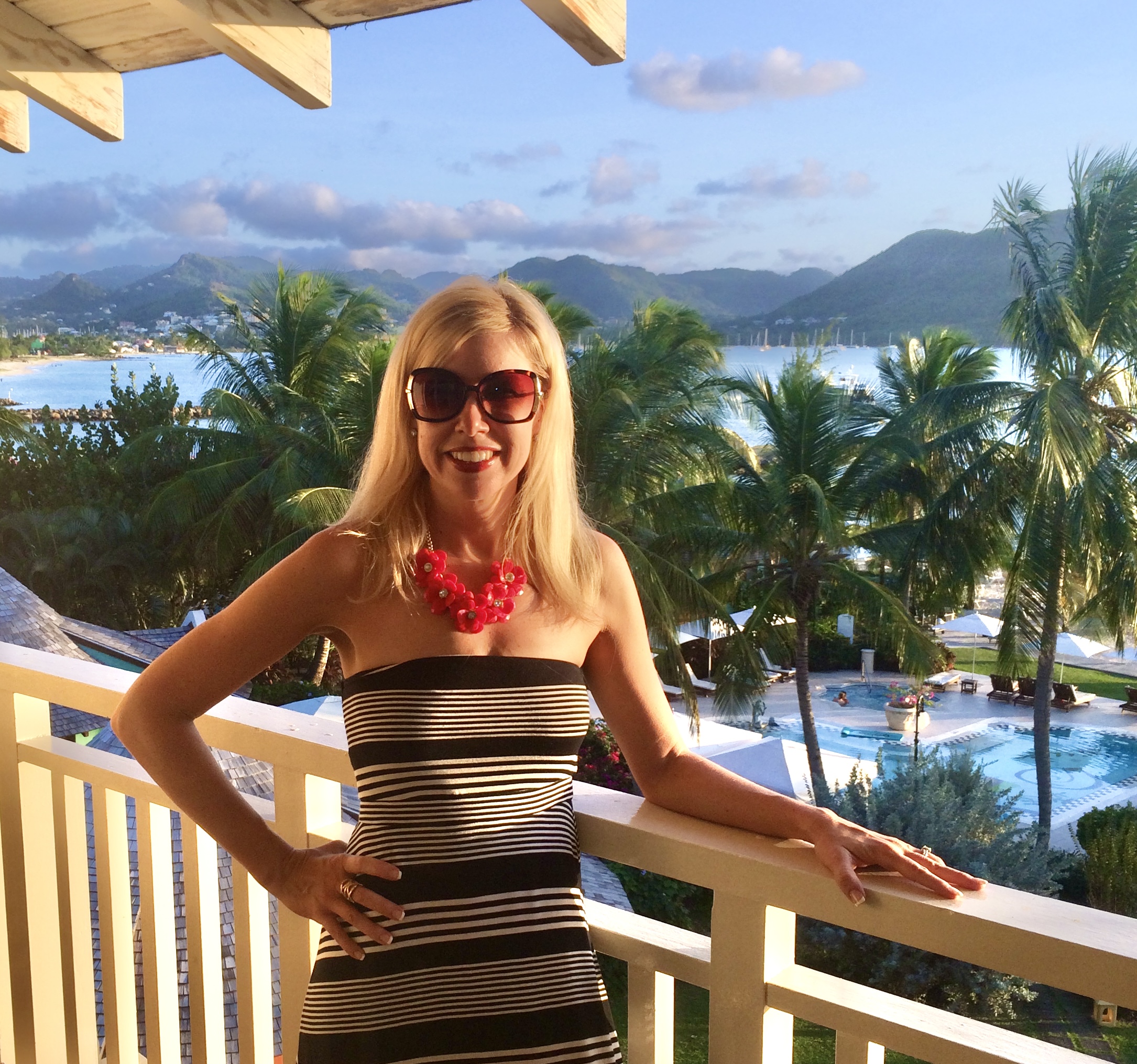 Postcards From Carrie on balcony in St. Lucia