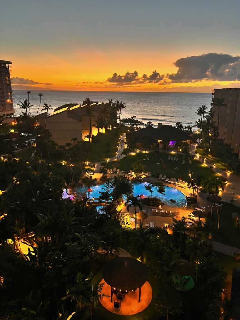 Night view of the Ka'anapali Shores Resort in Maui, Hawaii