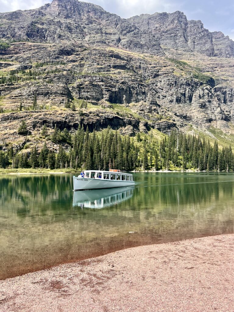 Boat shuttle across Josephine Lake in Glacier National Park