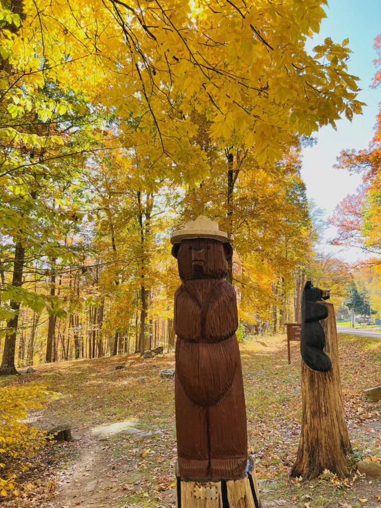 bear statue in front of fall scenery