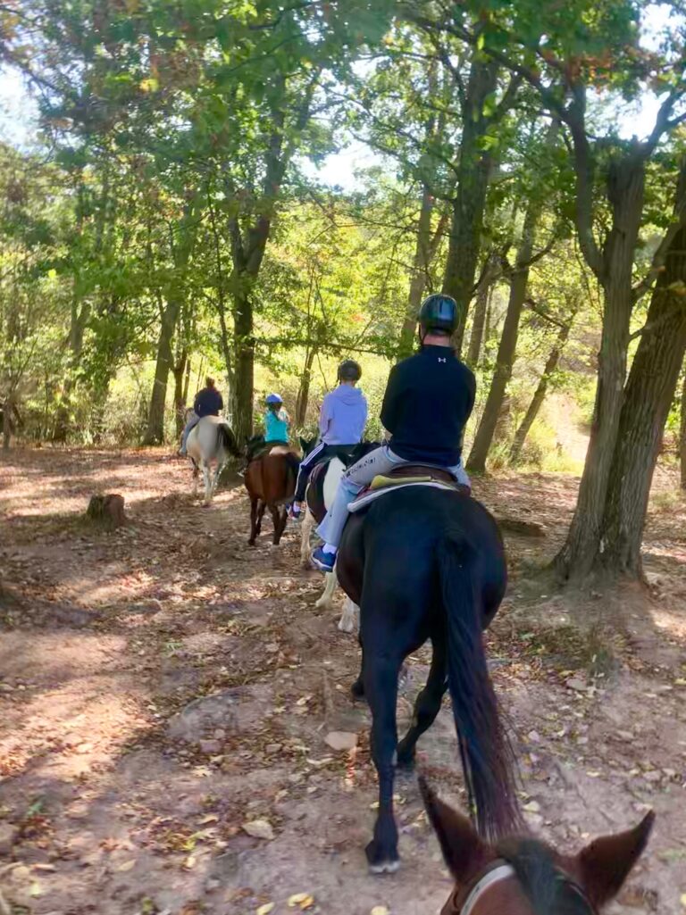 Group horseback riding through fall trees in Deep Creek