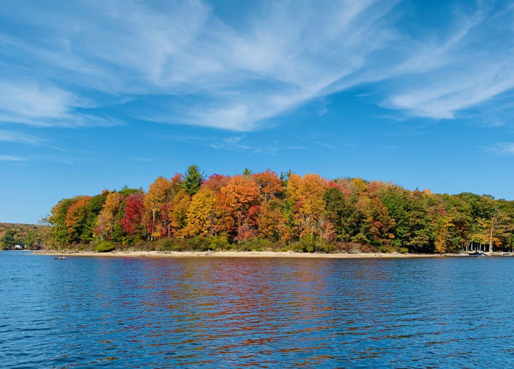 Fall trees surrounded by blue lake in Deep Creek Maryland