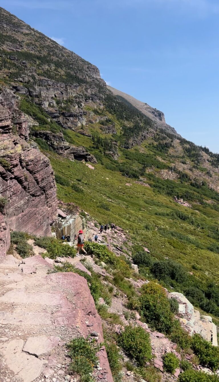 Hikers walking down path on Grinnell Glacier Trail