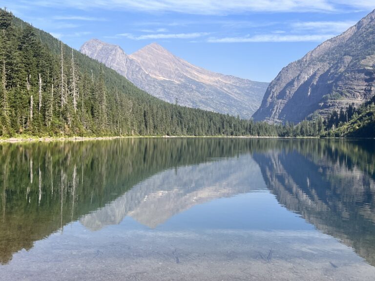 Mountains reflecting on Avalanche Lake in Glacier National Park