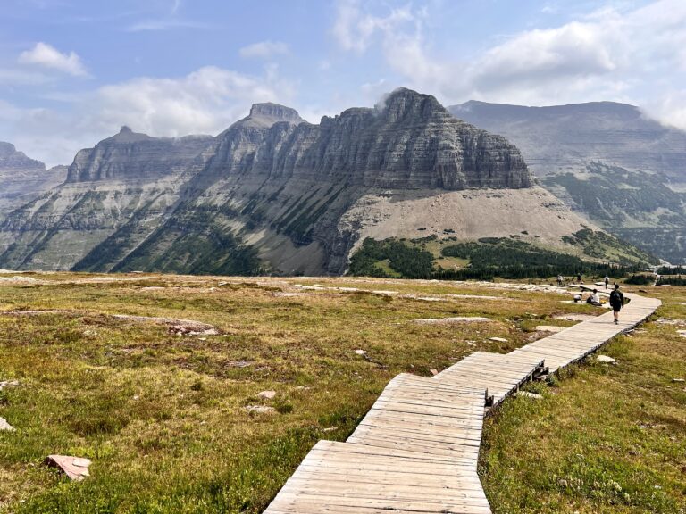 Boardwalk steps on Hidden Lake Trail with mountains in the background