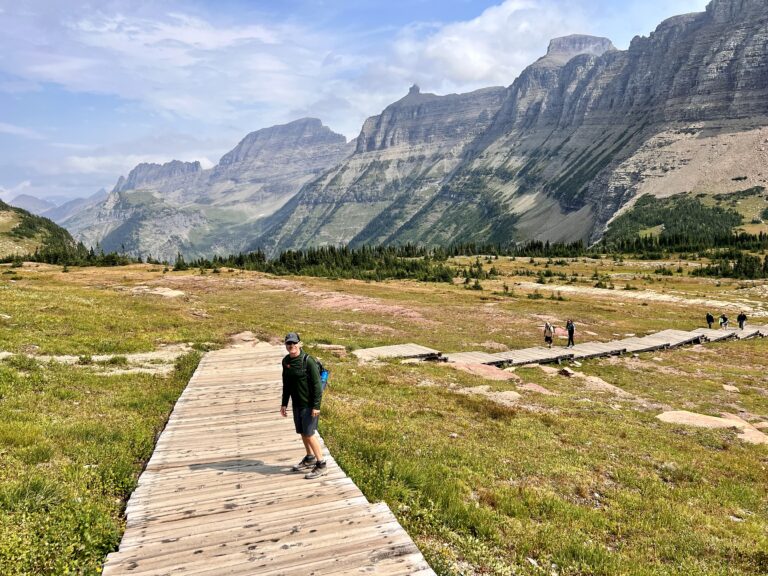 Hidden Lake Boardwalk Trail with mountains in the background