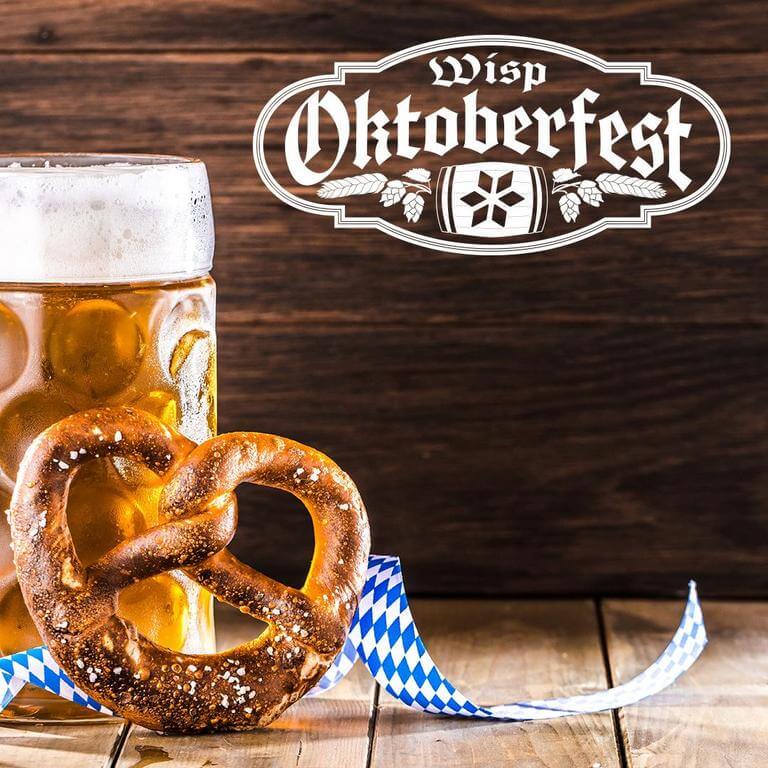 Wisp Oktoberfest sign with pretzel and beer