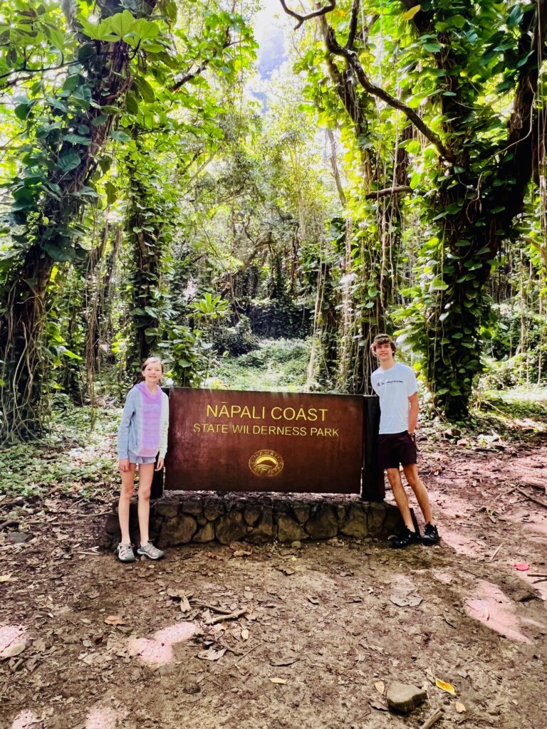 The Na Pali Coast State Park sign at the Kalalau Trail Head