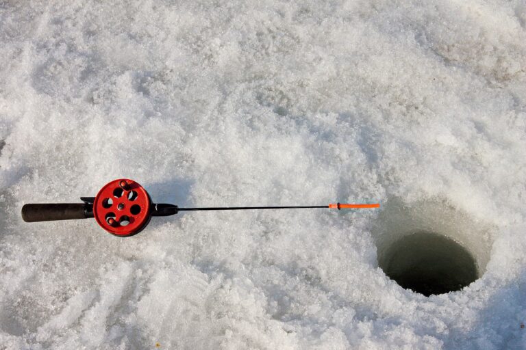 ice fishing on Deep Creek Lake in winter