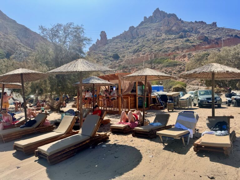 Fyropotamus Beach sunbeds in Milos, Greece