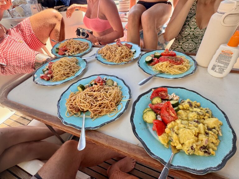 Lunch on boat tour to Kleftiko in Milos Greece