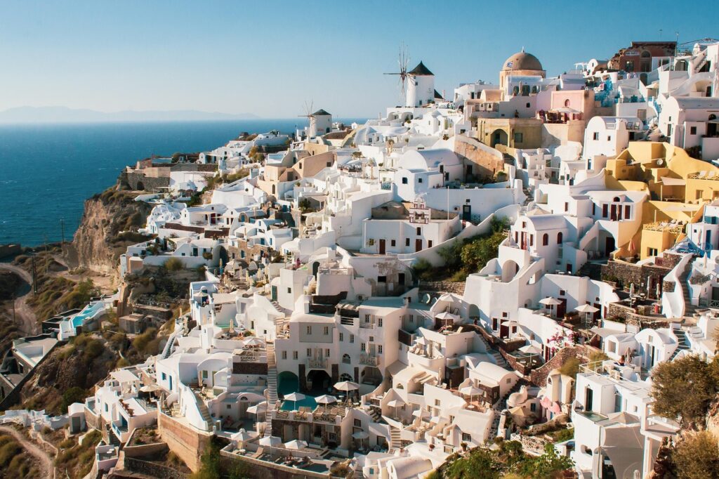 santorini, greece, buildings, houses, town, village, architecture, greek architecture, oia, mediterranean, cyclades, city, europe, tourism, aegean, destination, caldera, design, greek, nature, sea
