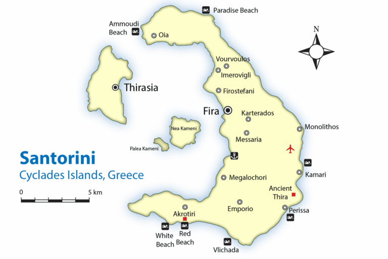 Map of where to stay in Santorini, Greece