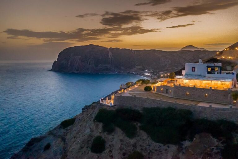 Psaravolada Resort in Milos, Greece at sunset